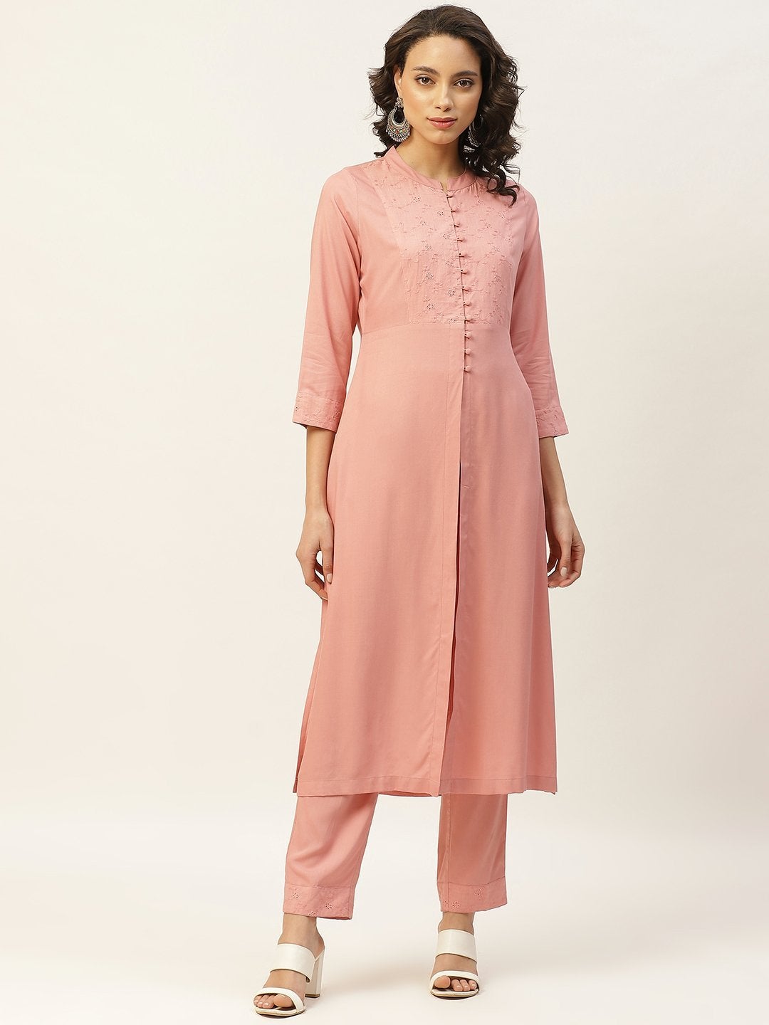 Women's Baked Pink Schiffli Straight Yoke Kurta With Pants - SHAE