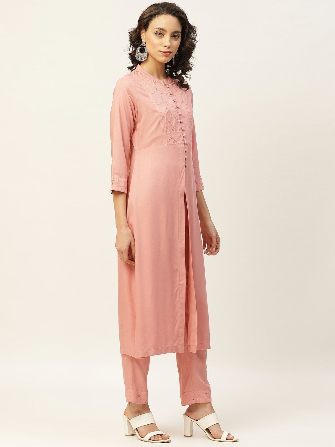 Women's Baked Pink Schiffli Straight Yoke Kurta With Pants - SHAE