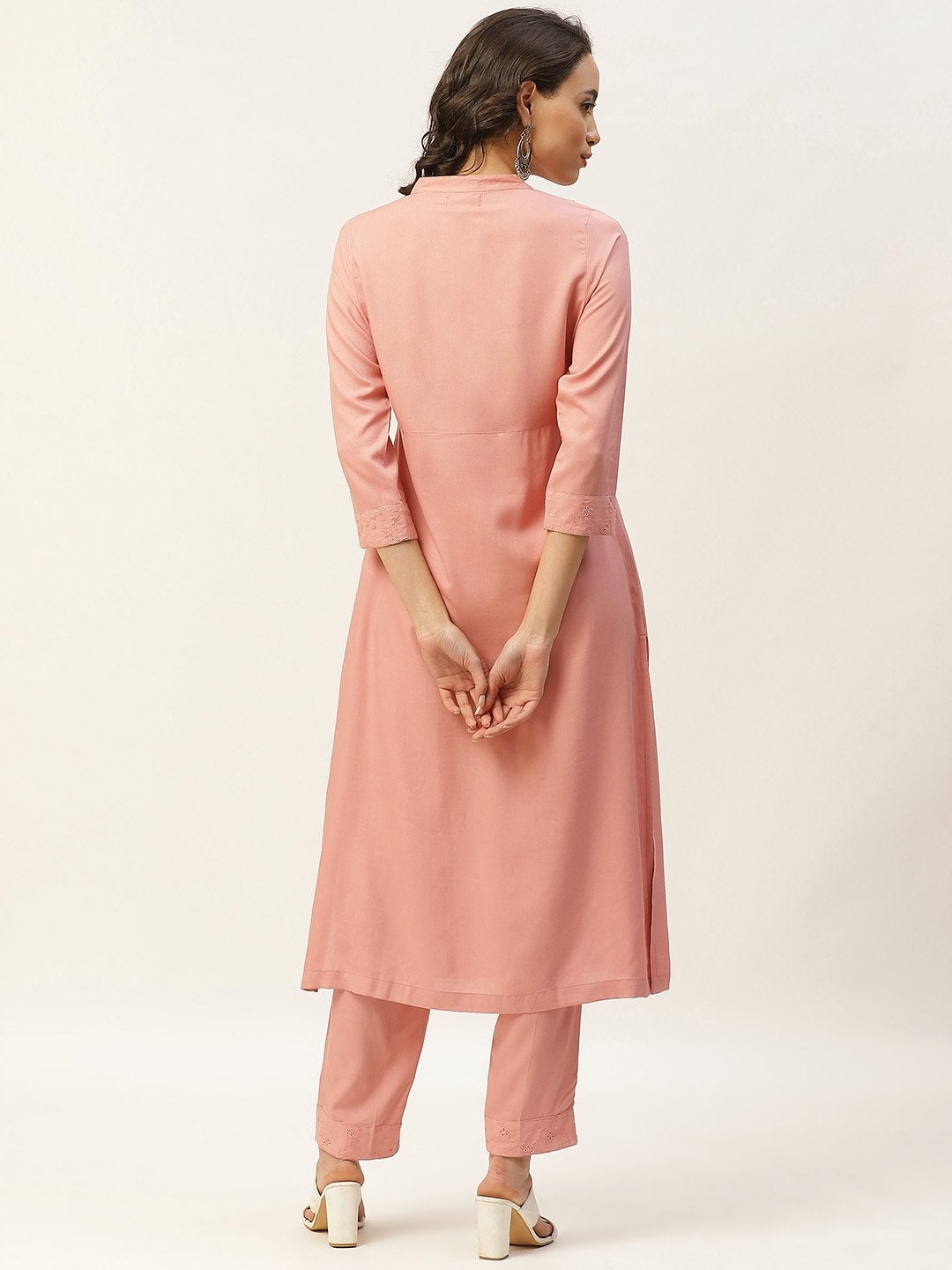 Women's Baked Pink Schiffli Straight Yoke Kurta With Pants - SHAE