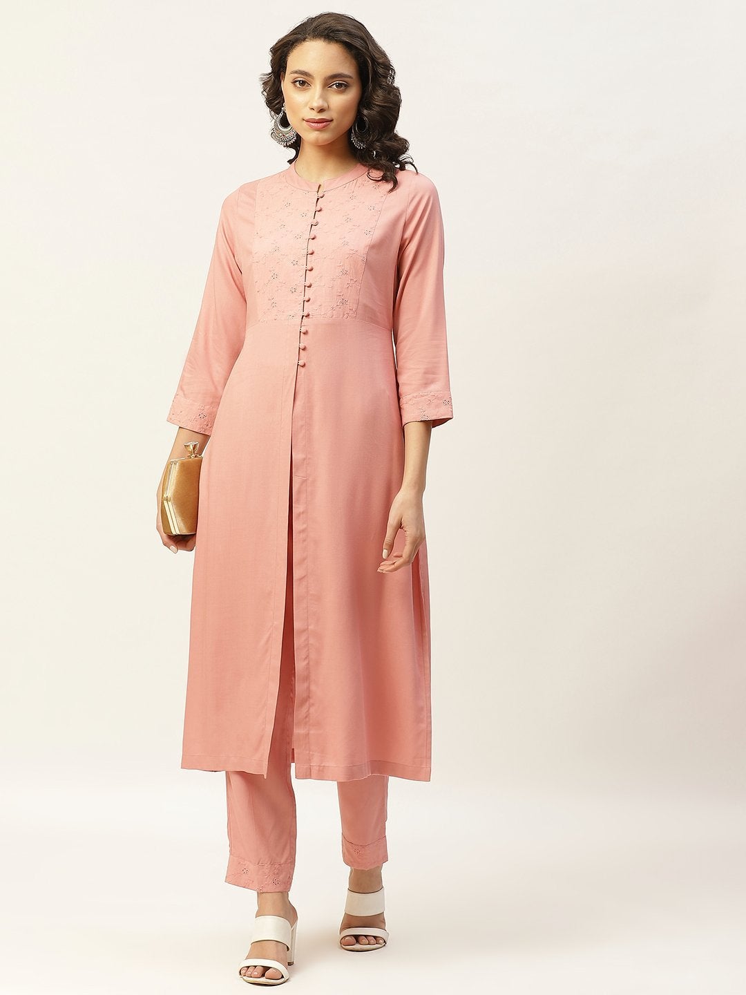 Women's Baked Pink Schiffli Straight Yoke Kurta With Pants - SHAE