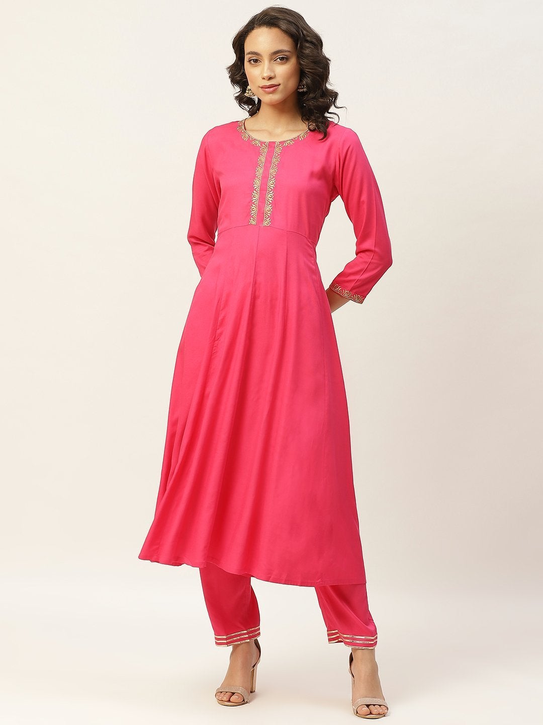Women's Fuchsia Zari Embroidery Anarkali Kurta With Pants - SHAE