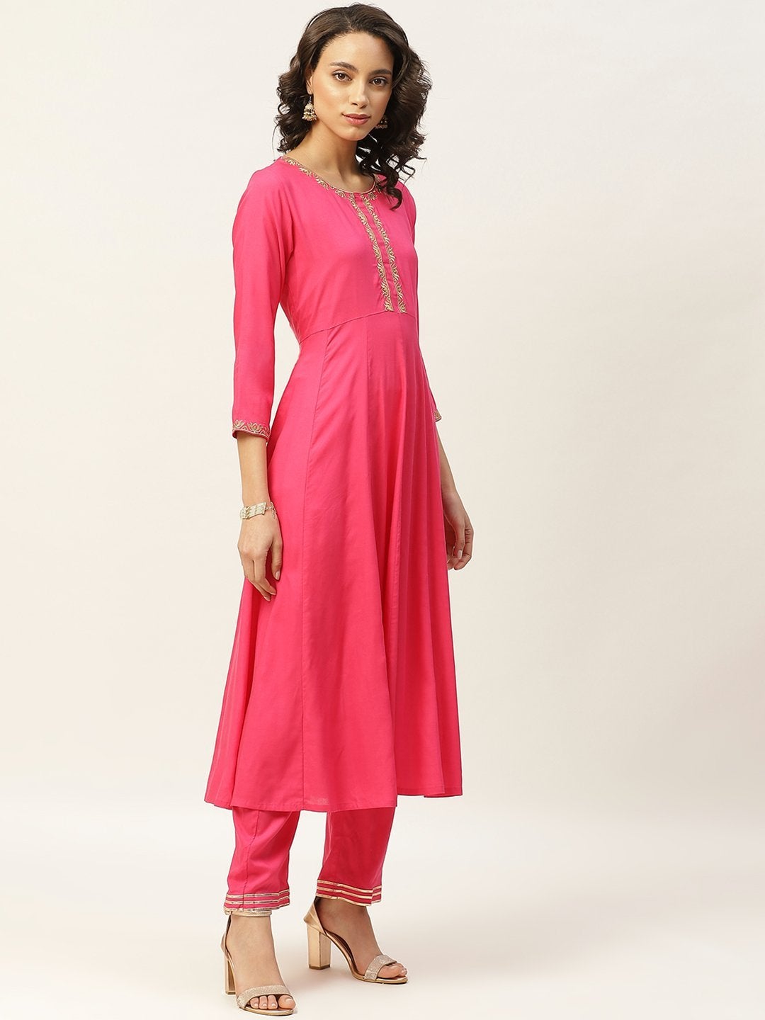 Women's Fuchsia Zari Embroidery Anarkali Kurta With Pants - SHAE