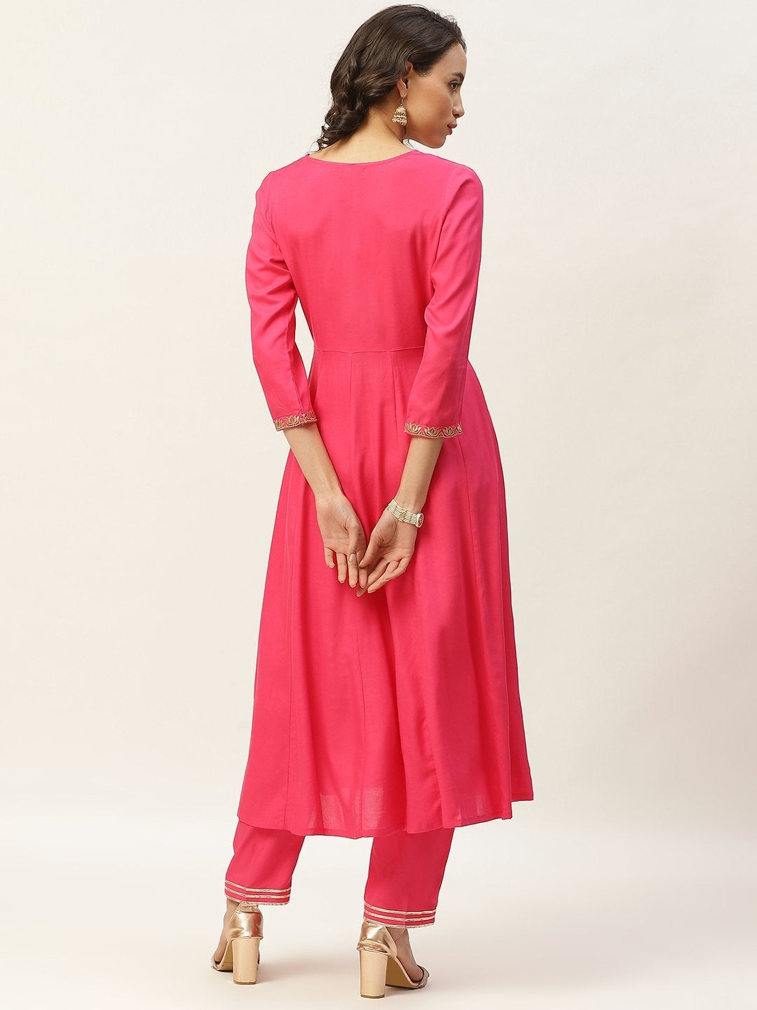 Women's Fuchsia Zari Embroidery Anarkali Kurta With Pants - SHAE