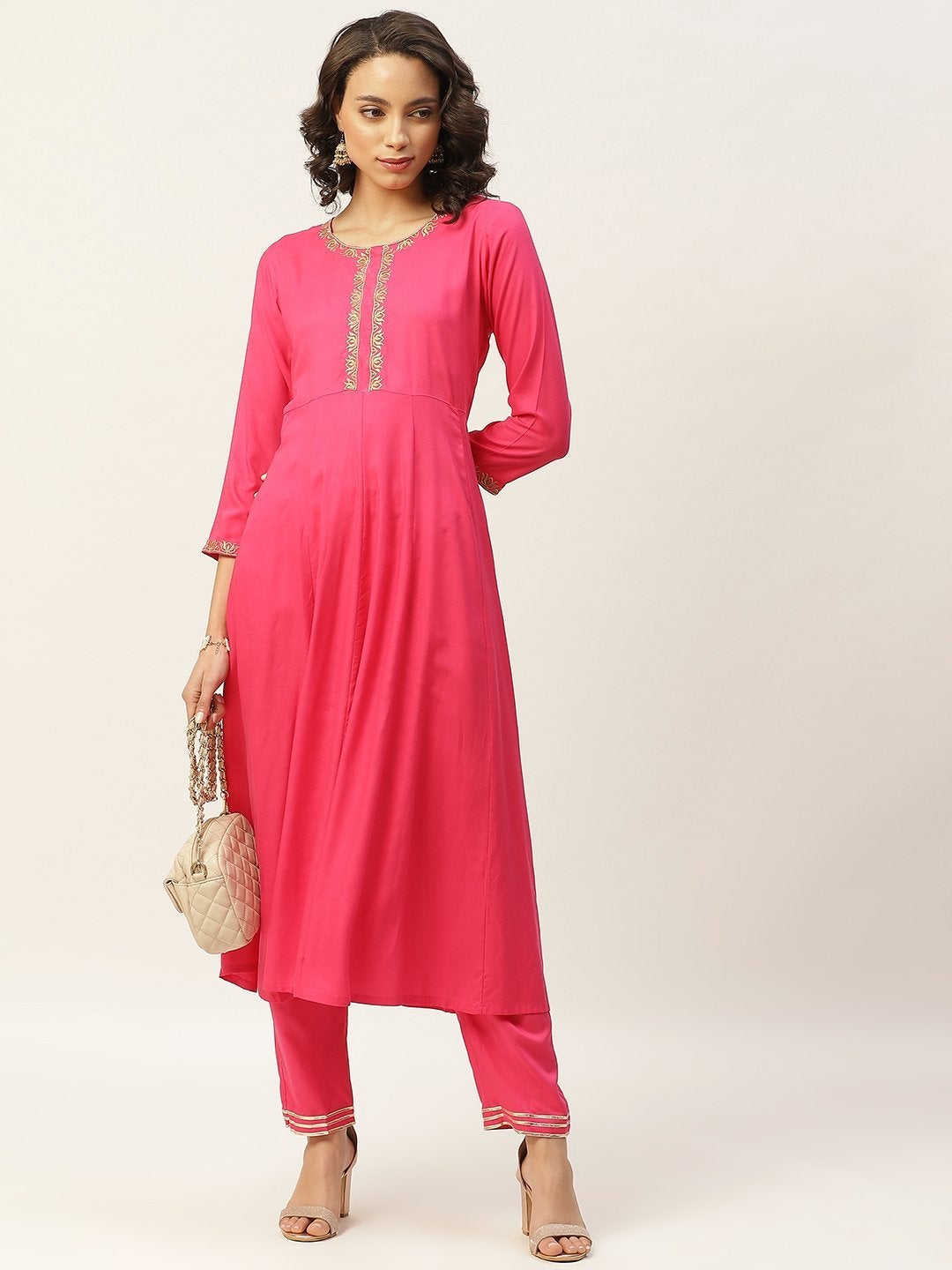 Women's Fuchsia Zari Embroidery Anarkali Kurta With Pants - SHAE