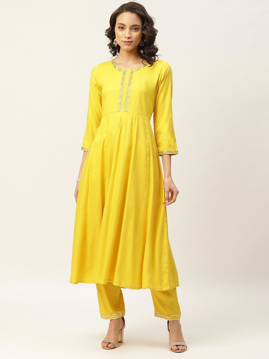 Women's Yellow Zari Embroidery Anarkali Kurta With Pants - SHAE