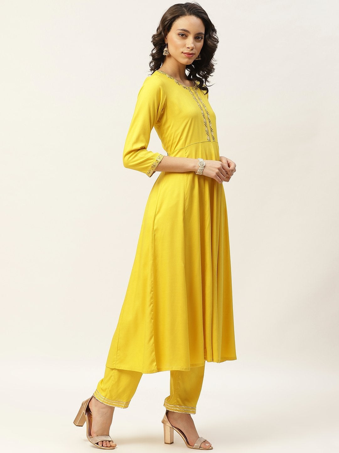 Women's Yellow Zari Embroidery Anarkali Kurta With Pants - SHAE