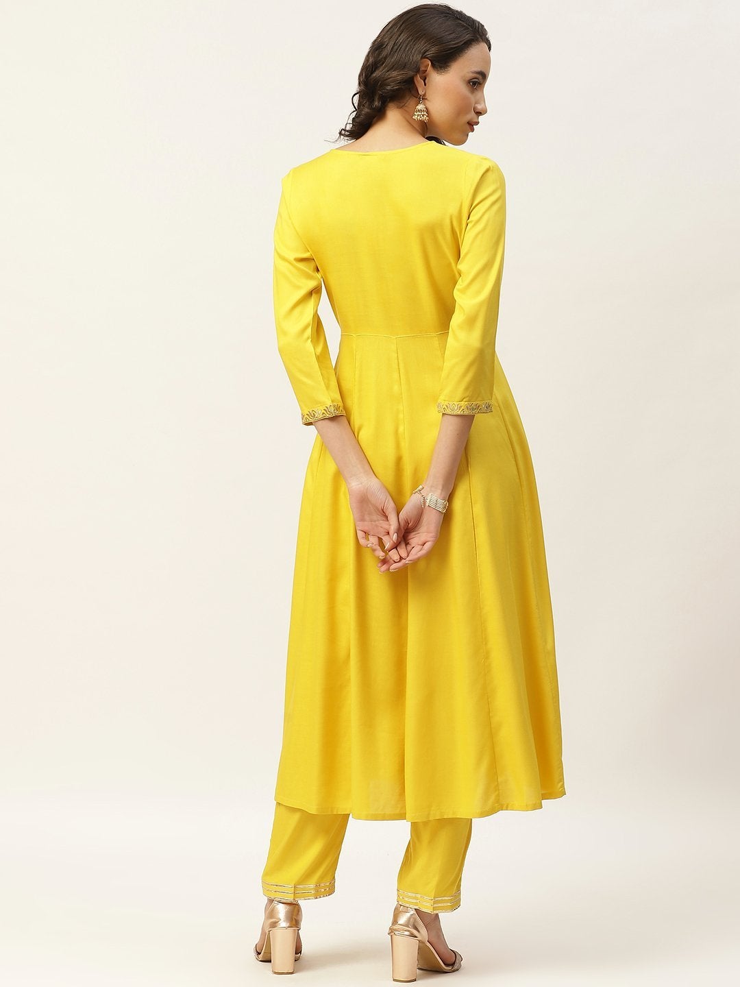 Women's Yellow Zari Embroidery Anarkali Kurta With Pants - SHAE