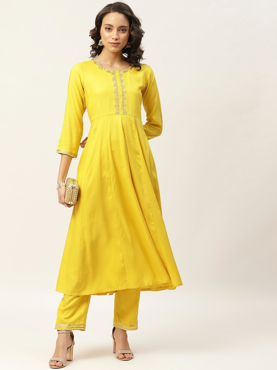 Women's Yellow Zari Embroidery Anarkali Kurta With Pants - SHAE