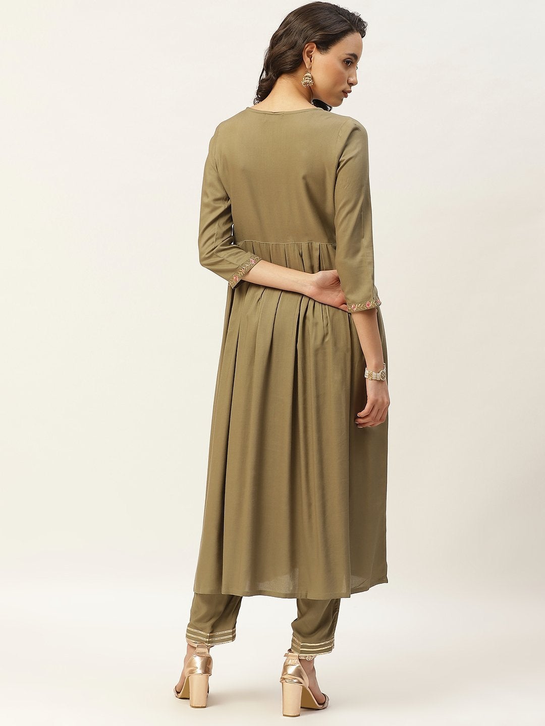 Women's Olive Zari Embroidery Slit Kurta With Pants - SHAE