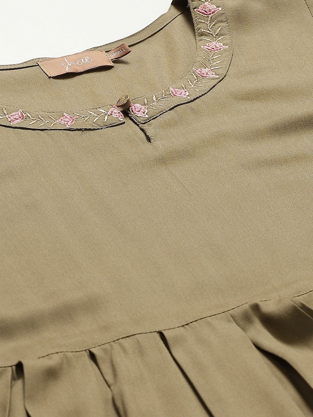 Women's Olive Zari Embroidery Slit Kurta With Pants - SHAE