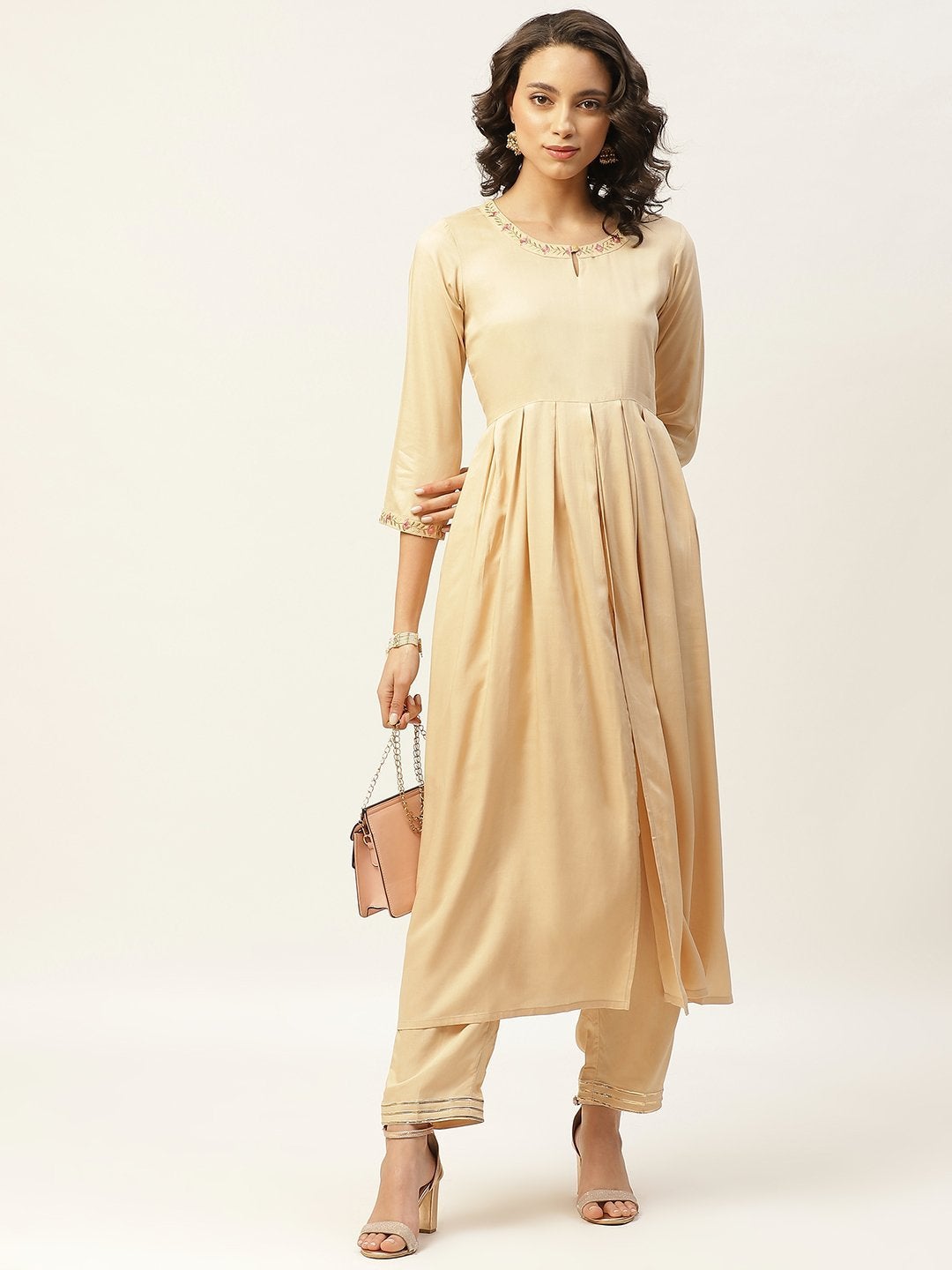 Women's Beige Zari Embroidery Slit Kurta With Pants - SHAE