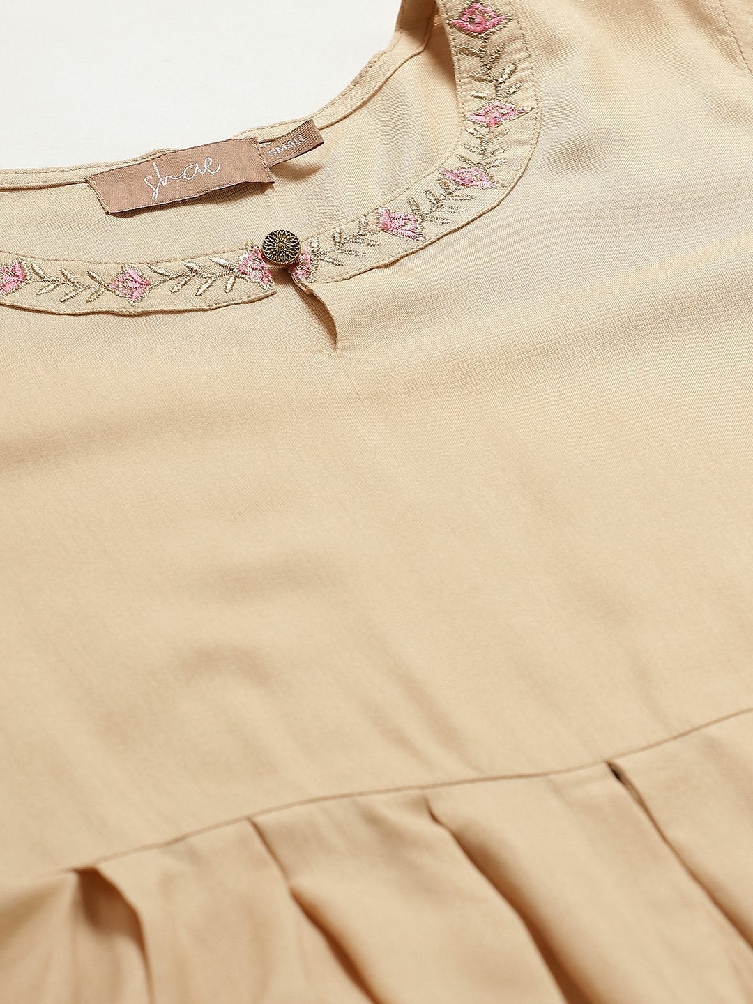 Women's Beige Zari Embroidery Slit Kurta With Pants - SHAE