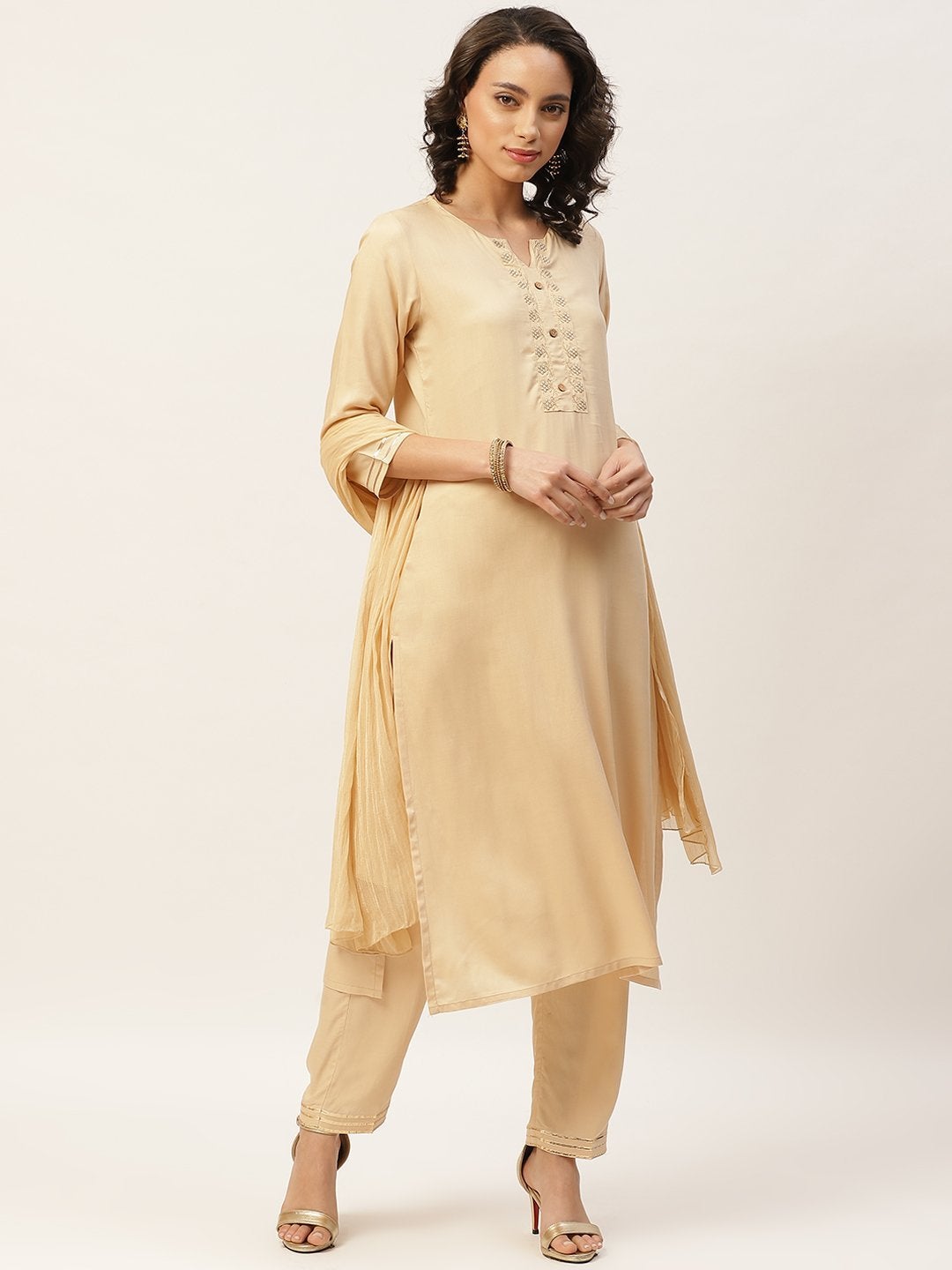 Women's Beige Zari Embroidery Kurta With Pants & Chiffon Dupatta - SHAE