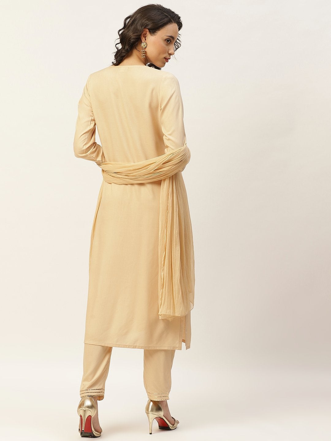 Women's Beige Zari Embroidery Kurta With Pants & Chiffon Dupatta - SHAE