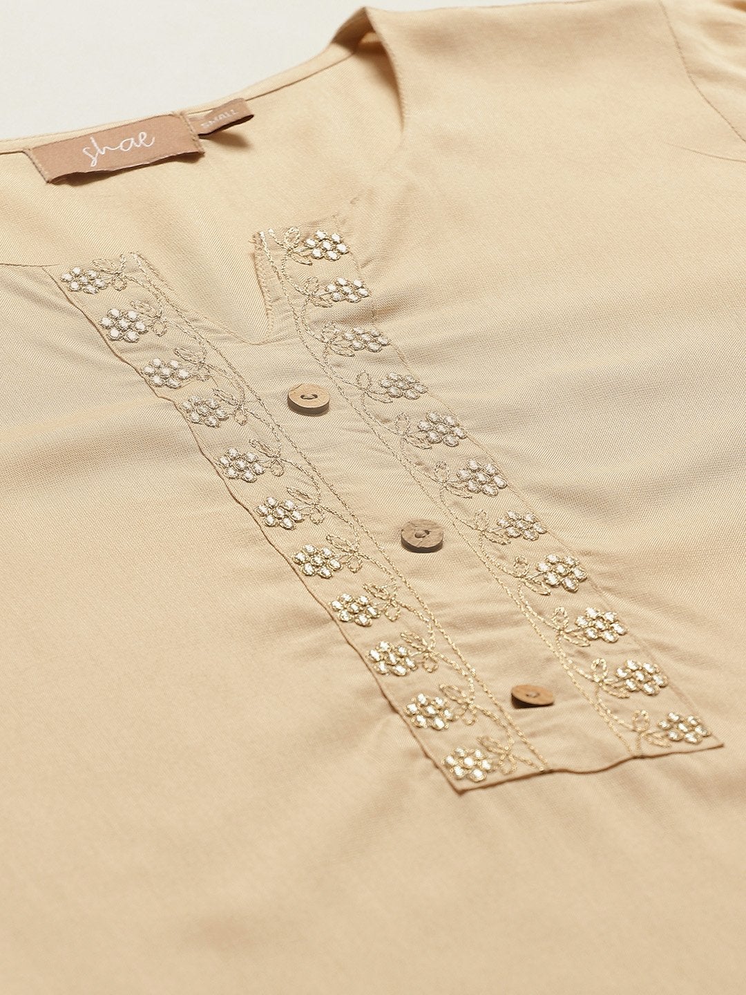 Women's Beige Zari Embroidery Kurta With Pants & Chiffon Dupatta - SHAE