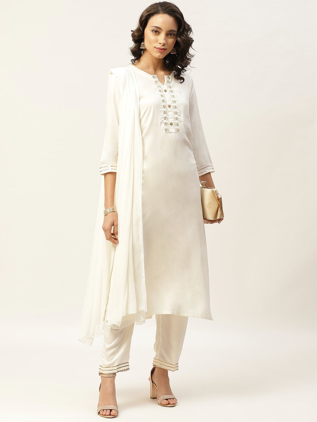 Women's Off White Zari Embroidery Kurta With Pants & Chiffon Dupatta
