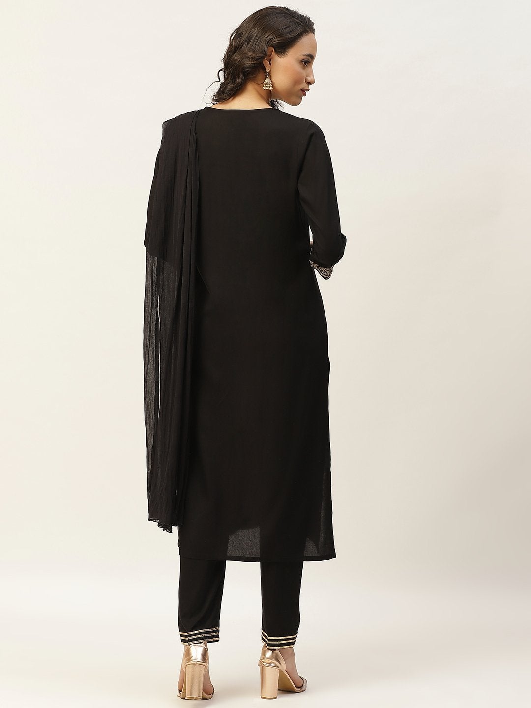 Women's Black Zari Floral Embroidery Kurta With Pants & Chiffon Dupatta - SHAE