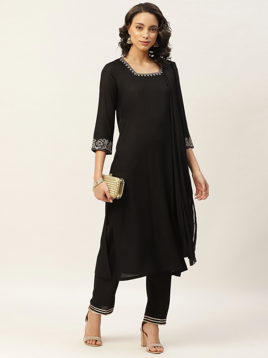 Women's Black Zari Floral Embroidery Kurta With Pants & Chiffon Dupatta - SHAE