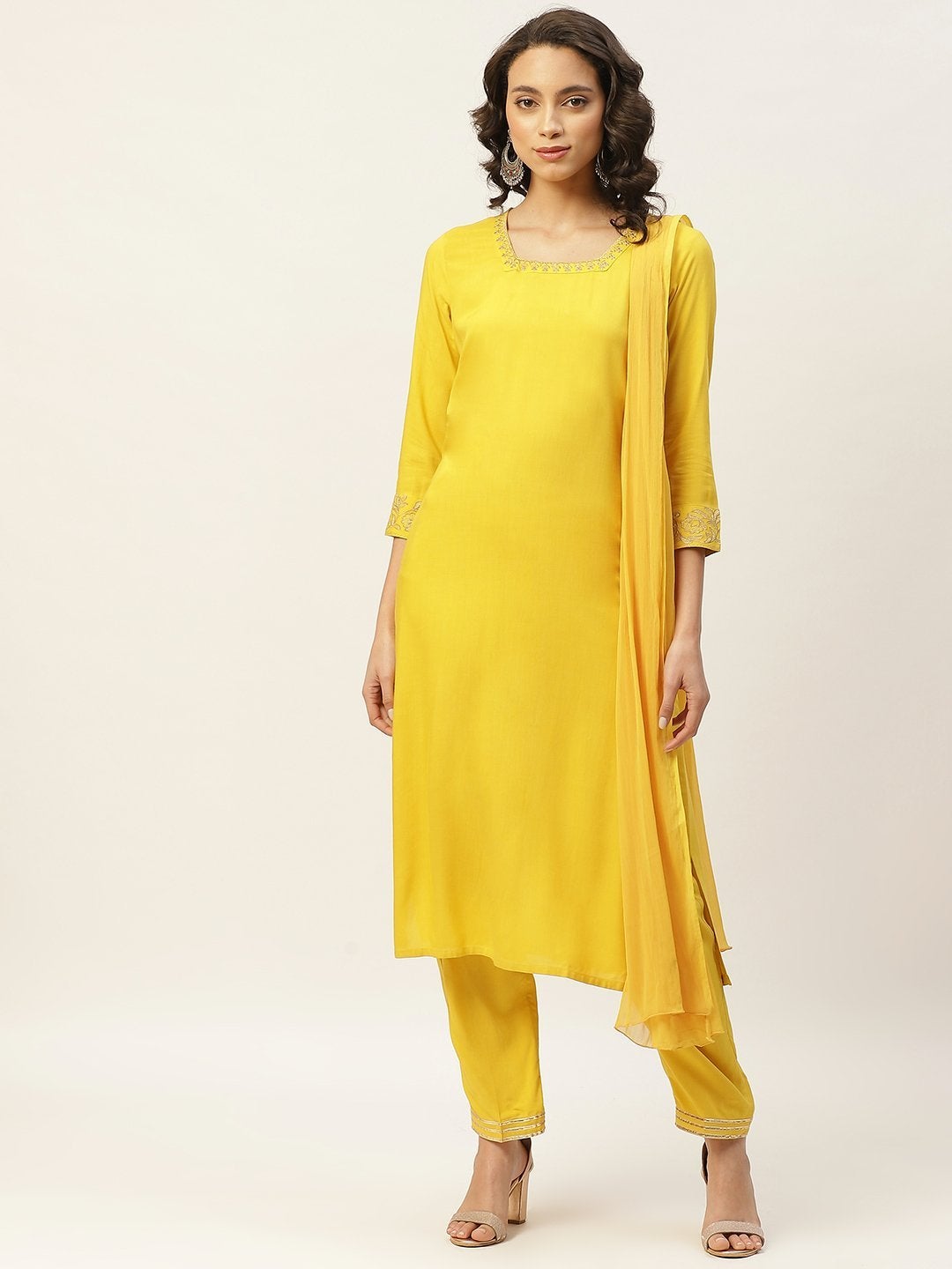 Women's Yellow Zari Floral Embroidery Kurta With Pants & Chiffon Dupatta - SHAE