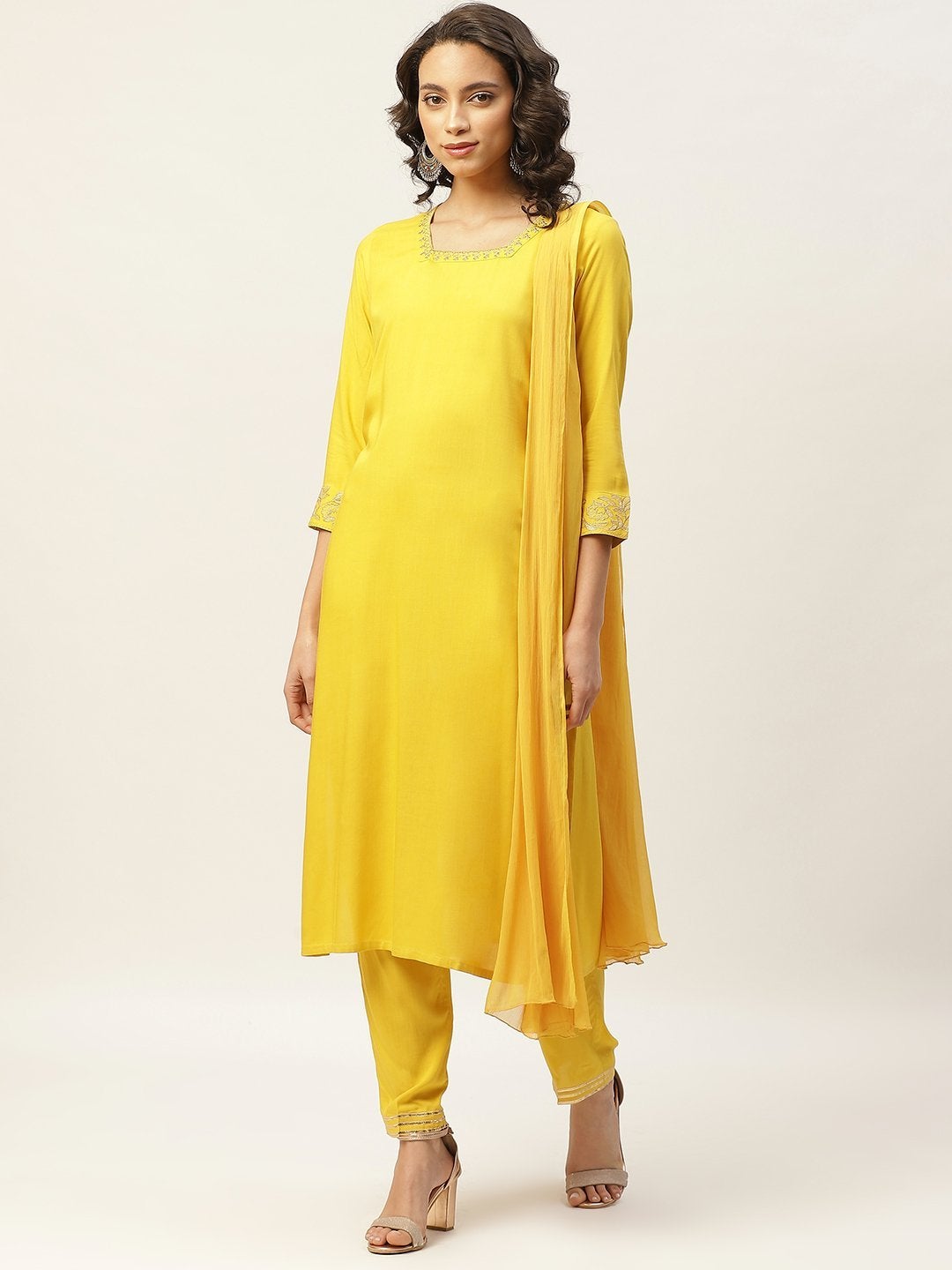 Women's Yellow Zari Floral Embroidery Kurta With Pants & Chiffon Dupatta - SHAE