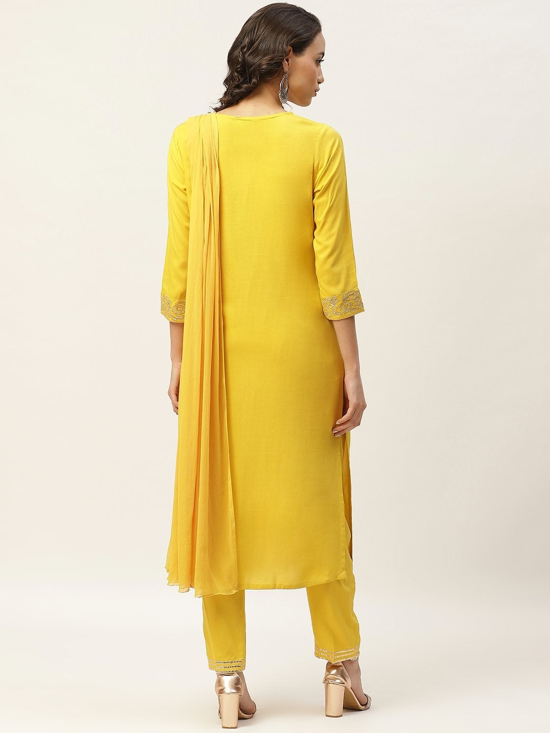 Women's Yellow Zari Floral Embroidery Kurta With Pants & Chiffon Dupatta - SHAE