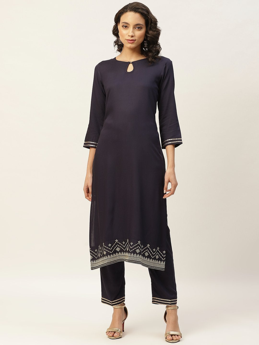 Women's Navy Zari Hem Embroidery Kurta With Pants - SHAE