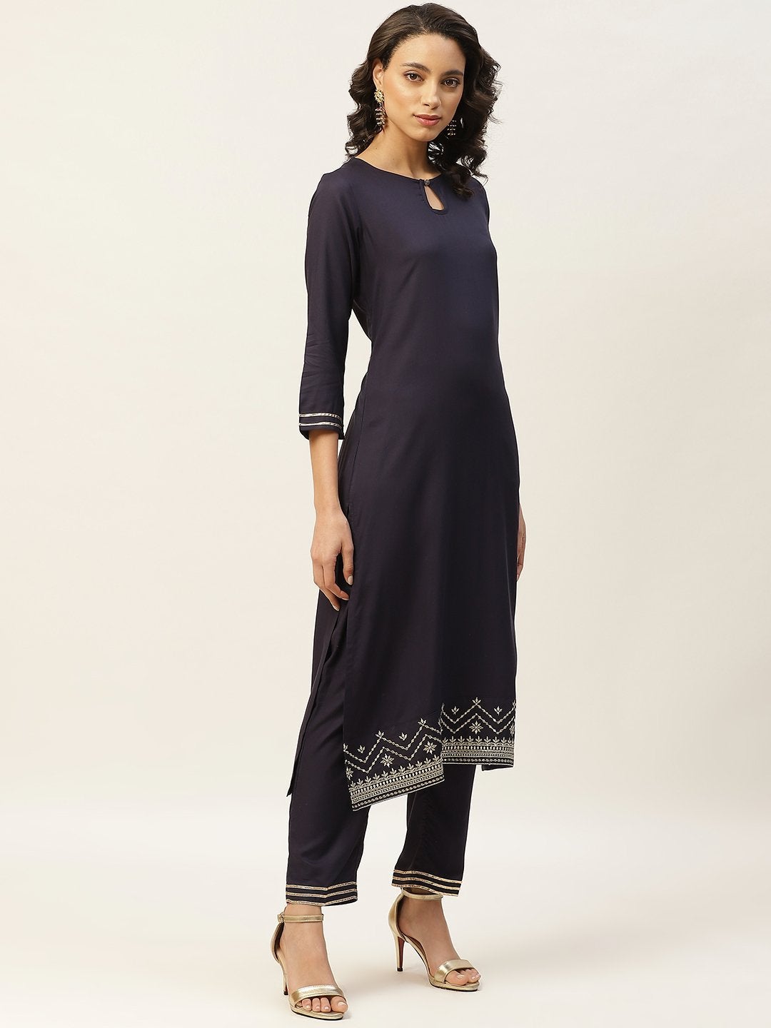 Women's Navy Zari Hem Embroidery Kurta With Pants - SHAE
