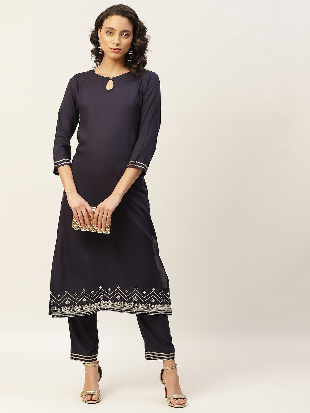 Women's Navy Zari Hem Embroidery Kurta With Pants - SHAE