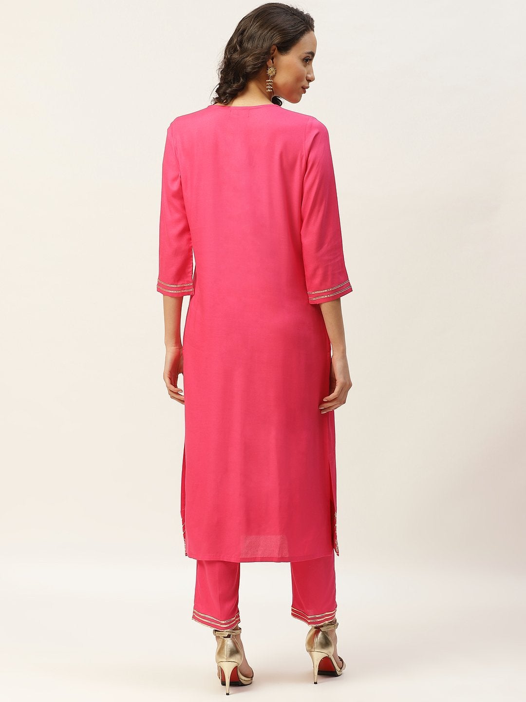 Women's Fuchsia Hem Zari Embroidery Kurta With Pants - SHAE