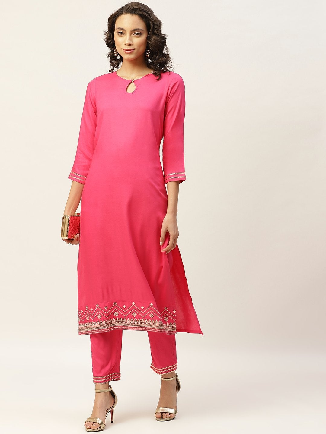 Women's Fuchsia Hem Zari Embroidery Kurta With Pants - SHAE