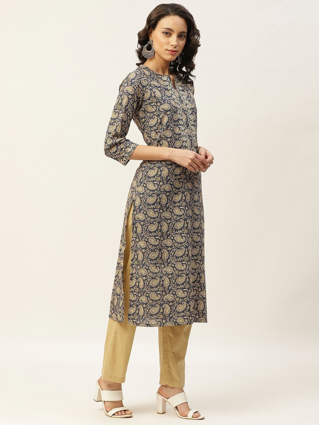 Women's Blue Paisely Zari Embroidery Kurta With Straight Pants - SHAE