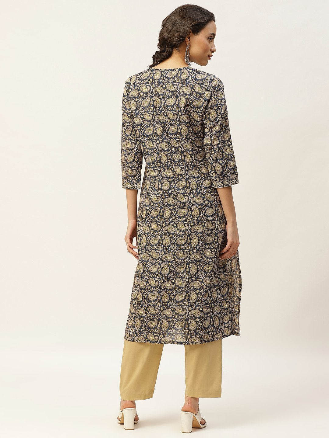 Women's Blue Paisely Zari Embroidery Kurta With Straight Pants - SHAE