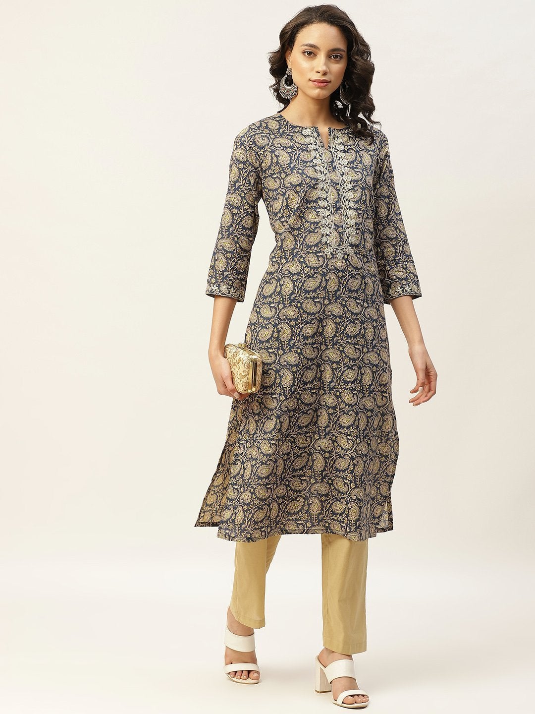 Women's Blue Paisely Zari Embroidery Kurta With Straight Pants - SHAE