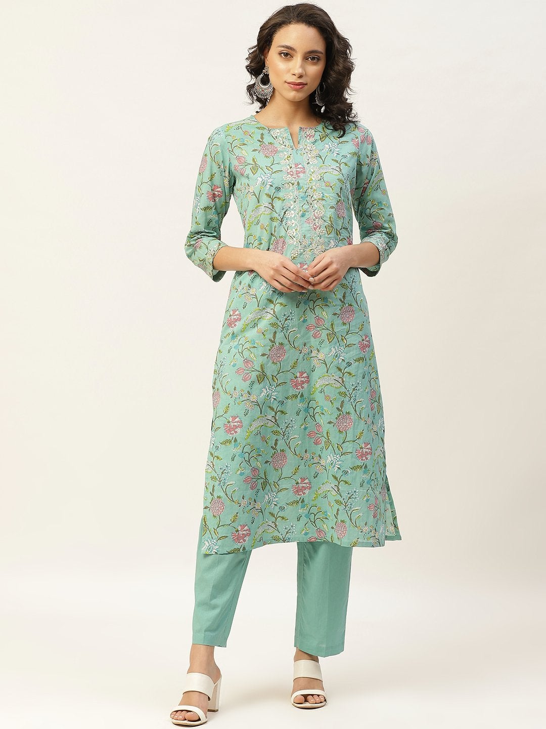 Women's Sea Green Floral Zari Embroidery Kurta With Straight Pants - SHAE