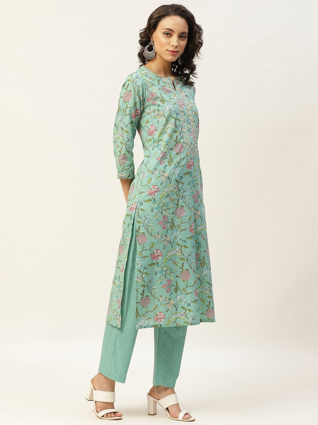 Women's Sea Green Floral Zari Embroidery Kurta With Straight Pants - SHAE