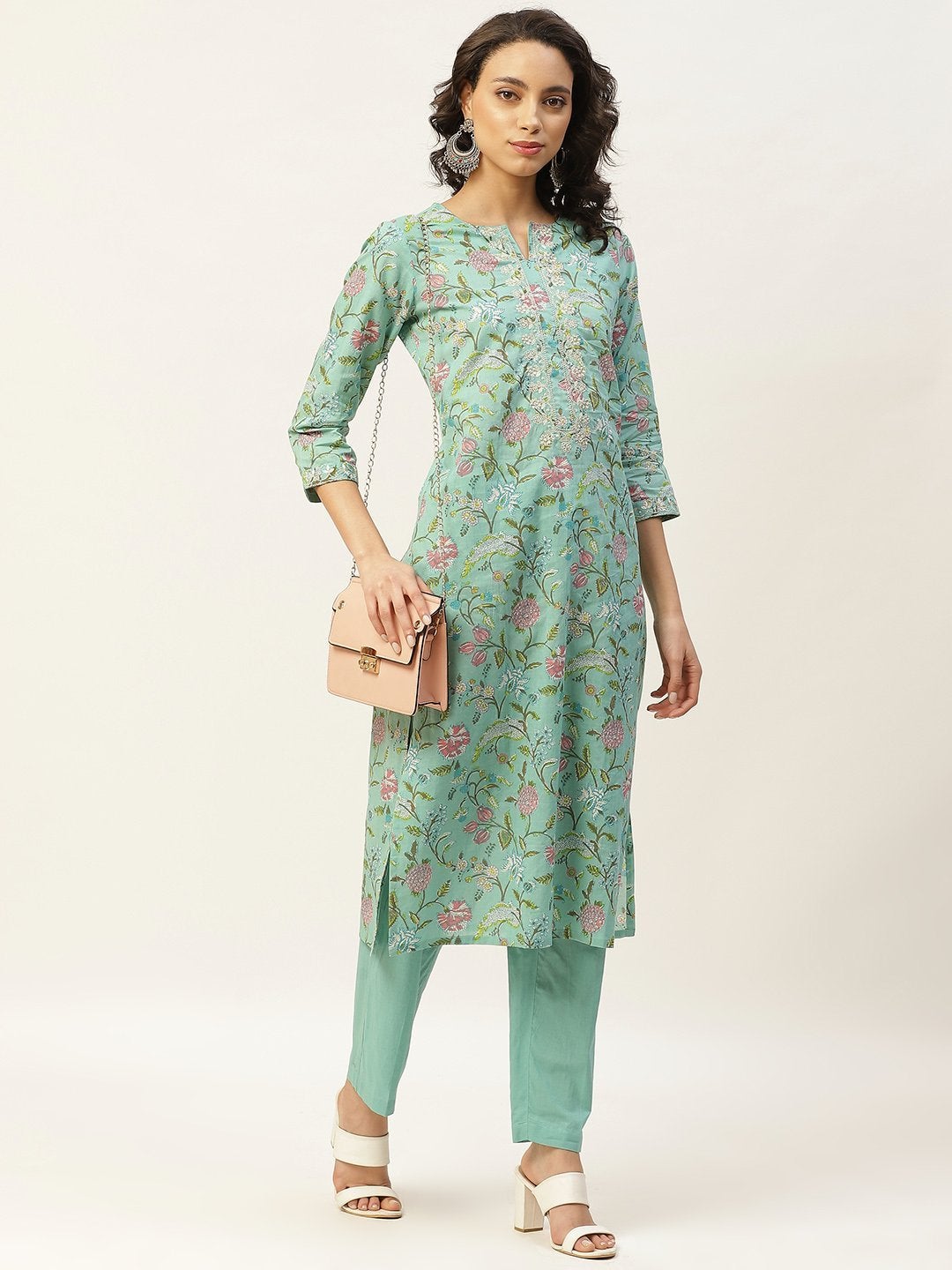 Women's Sea Green Floral Zari Embroidery Kurta With Straight Pants - SHAE