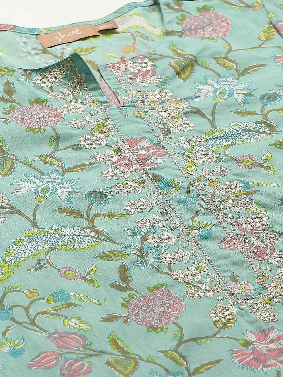Women's Sea Green Floral Zari Embroidery Kurta With Straight Pants - SHAE
