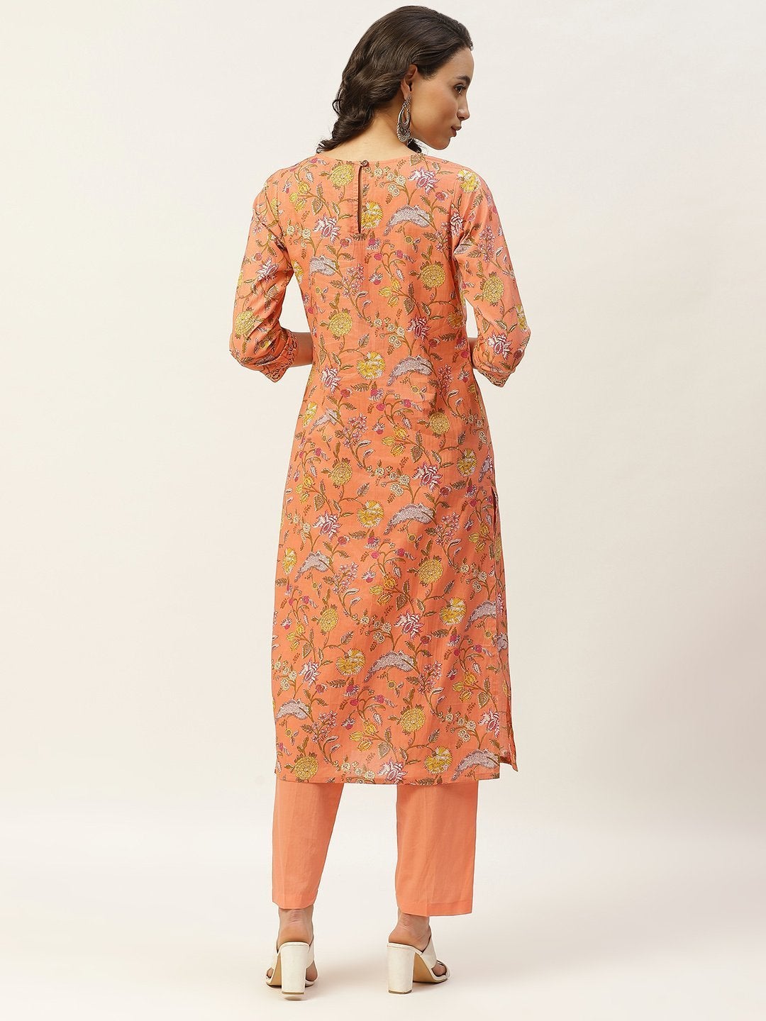 Women's Peach Floral Zari Embroidery Kurta With Straight Pants - SHAE