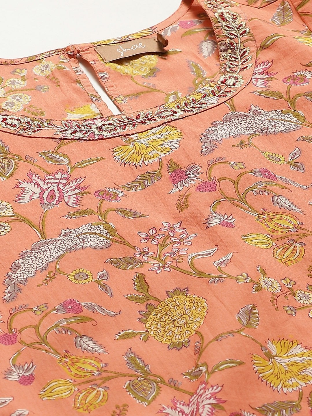 Women's Peach Floral Zari Embroidery Kurta With Straight Pants - SHAE