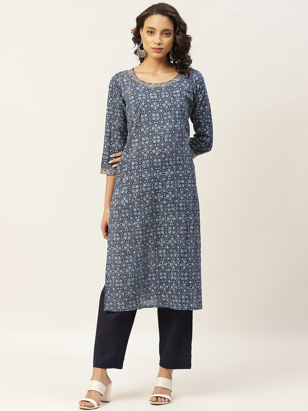Women's Indigo Floral Zari Embroidery Kurta With Straight Pants - SHAE