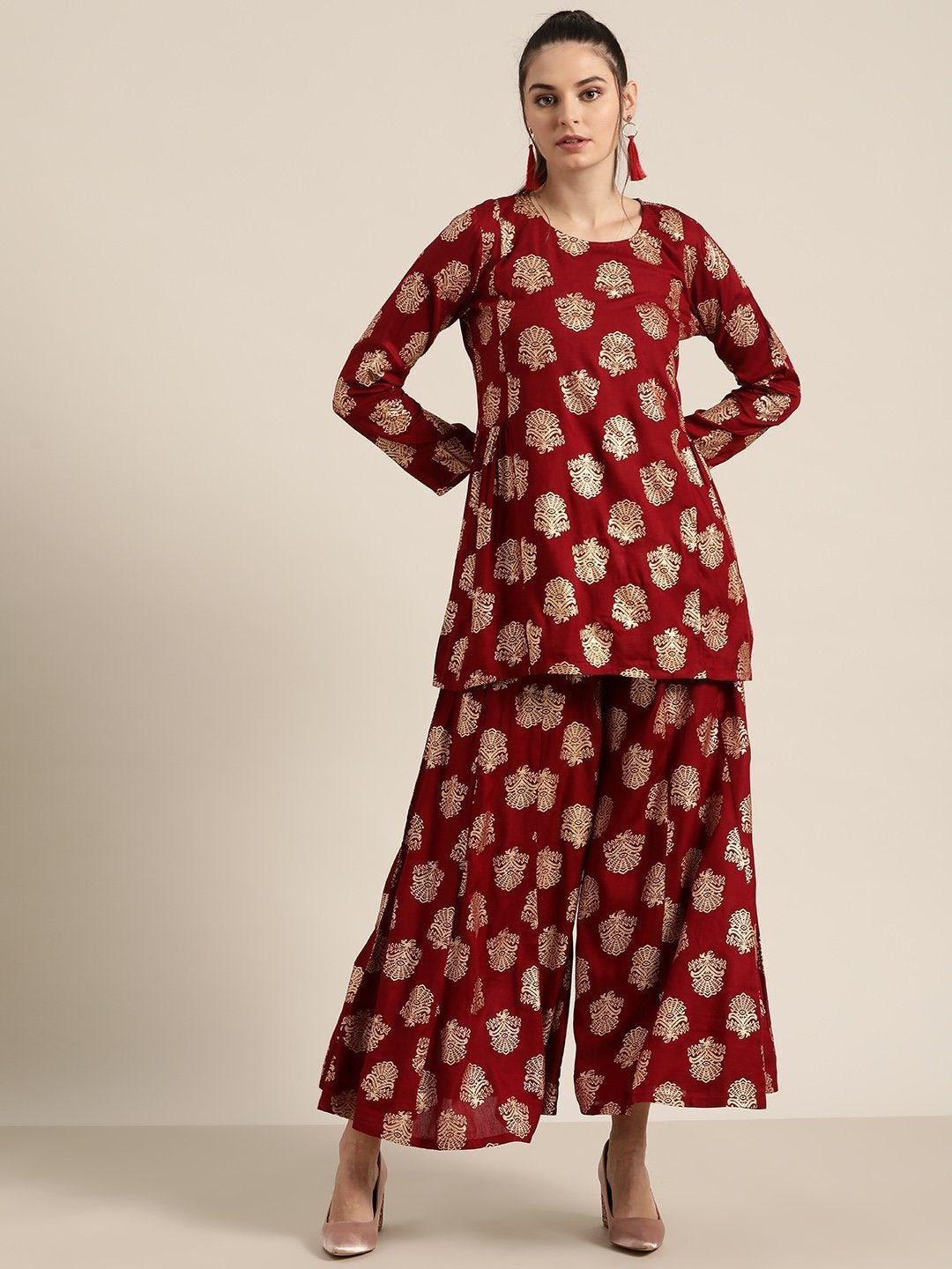 Women's Maroon Foil Short Tunic With Kali Palazzo