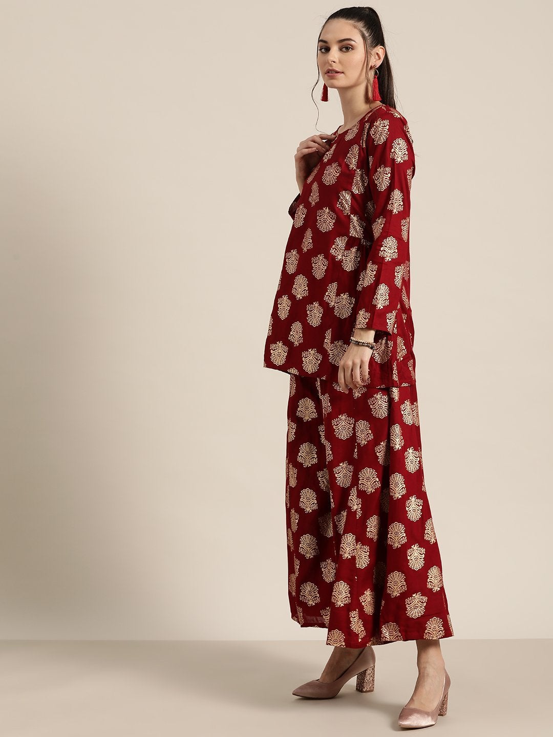 Women's Maroon Foil Short Tunic With Kali Palazzo