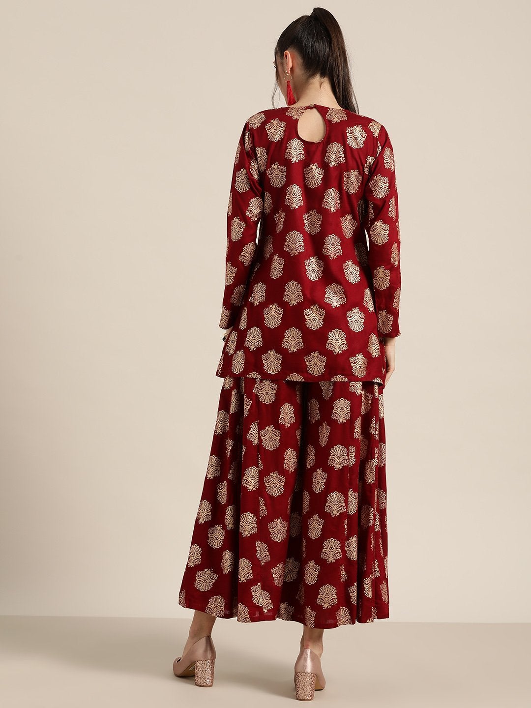 Women's Maroon Foil Short Tunic With Kali Palazzo