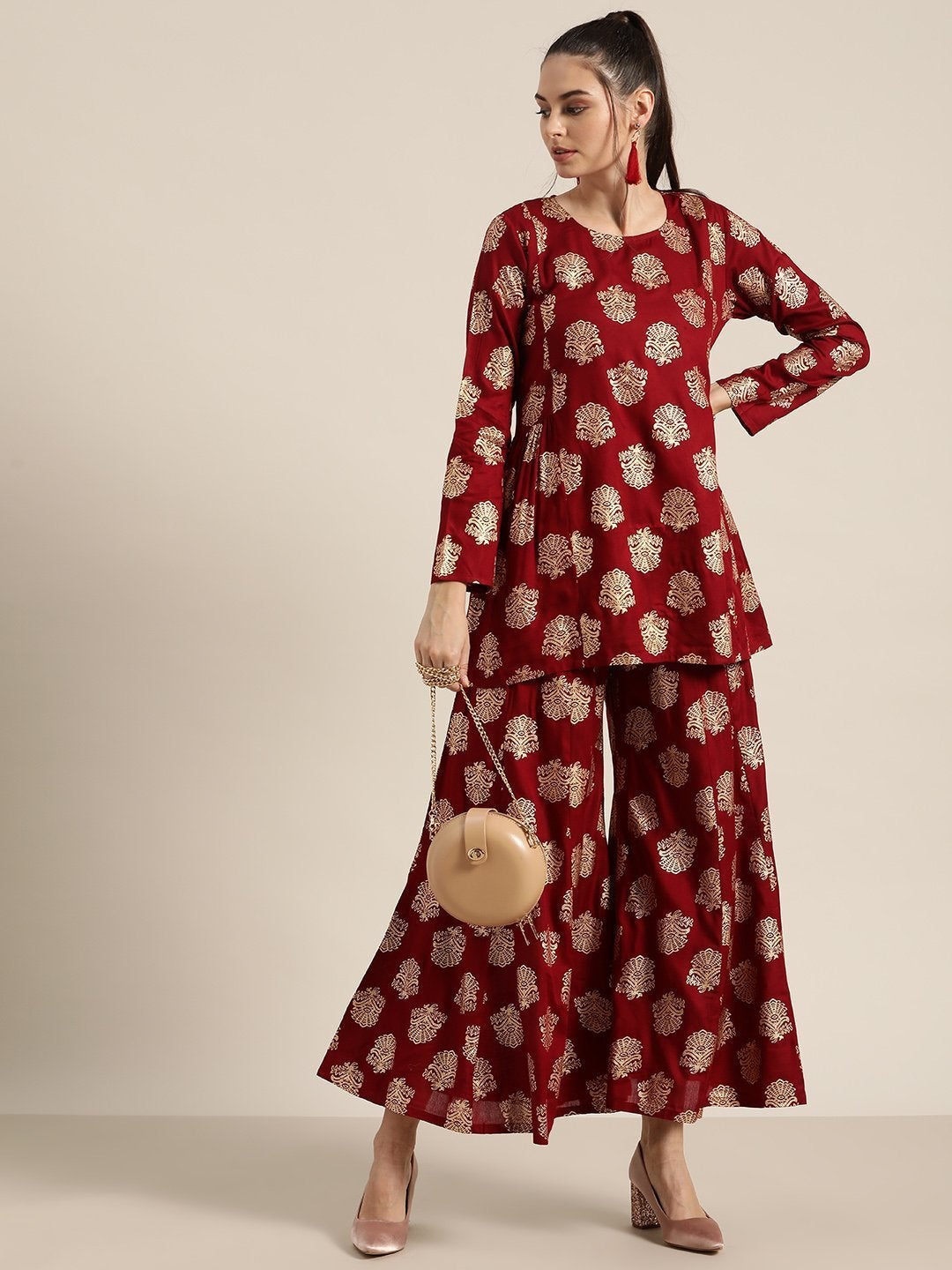 Women's Maroon Foil Short Tunic With Kali Palazzo