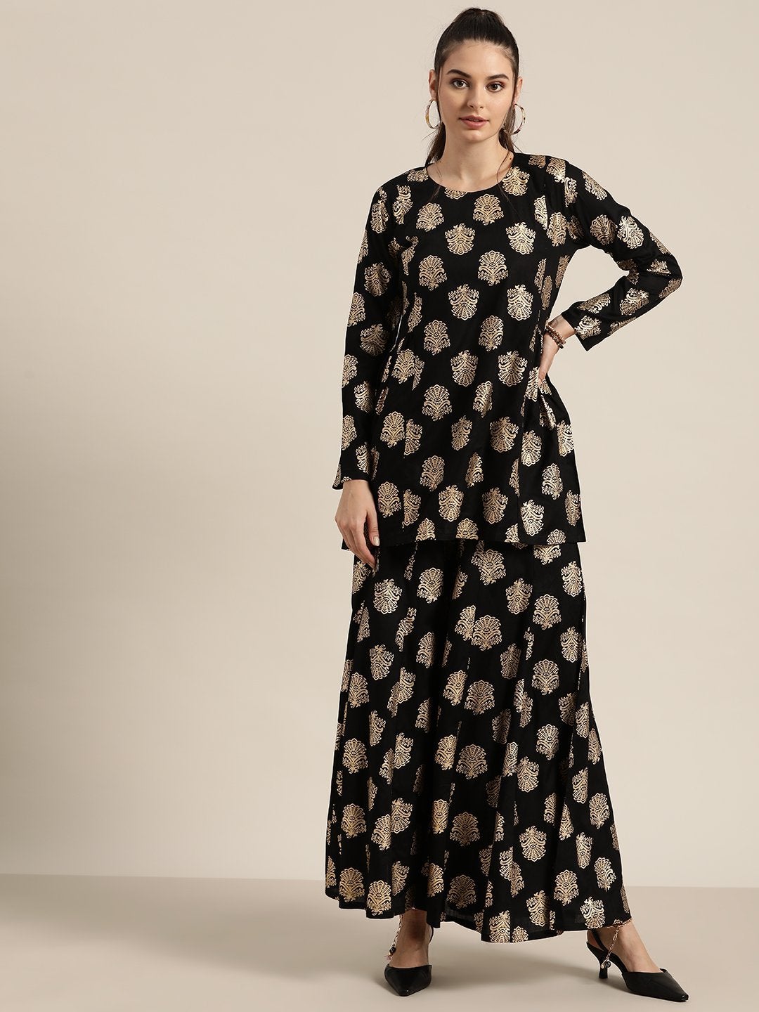 Women's Black Foil Short Tunic With Kali Palazzo