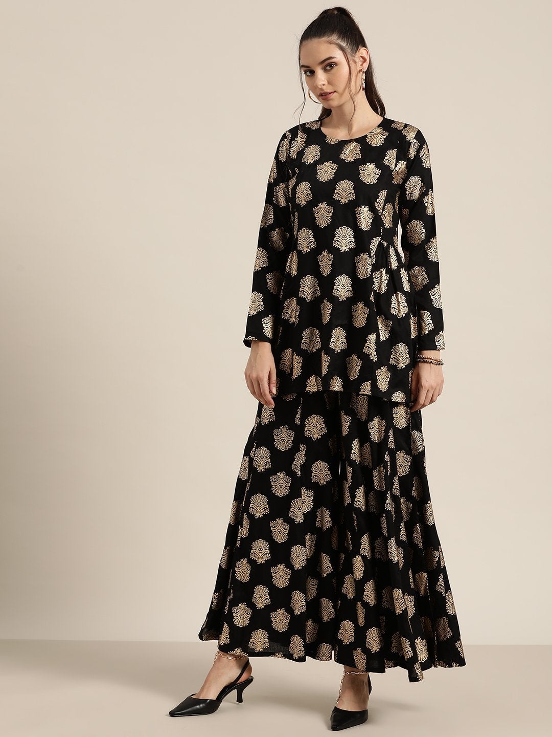 Women's Black Foil Short Tunic With Kali Palazzo
