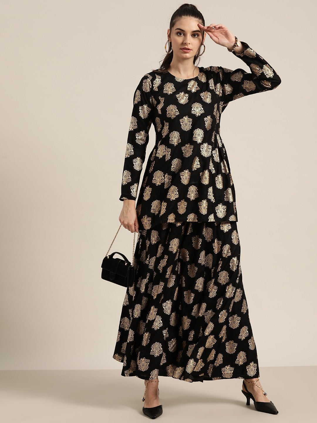 Women's Black Foil Short Tunic With Kali Palazzo