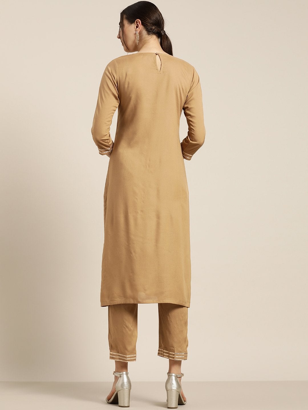 Women's Brown Zari Embroidery Kurta With Straight Pants - SHAE