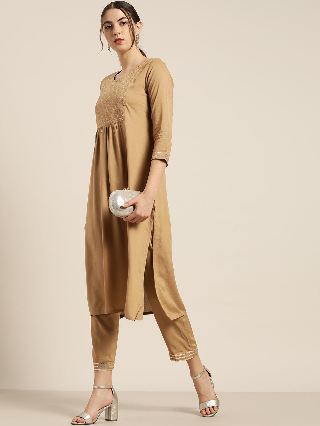 Women's Brown Zari Embroidery Kurta With Straight Pants - SHAE