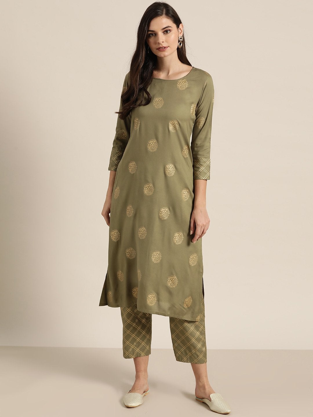 Women's Olive Chakra Foil Kurta With Straight Pants - SHAE